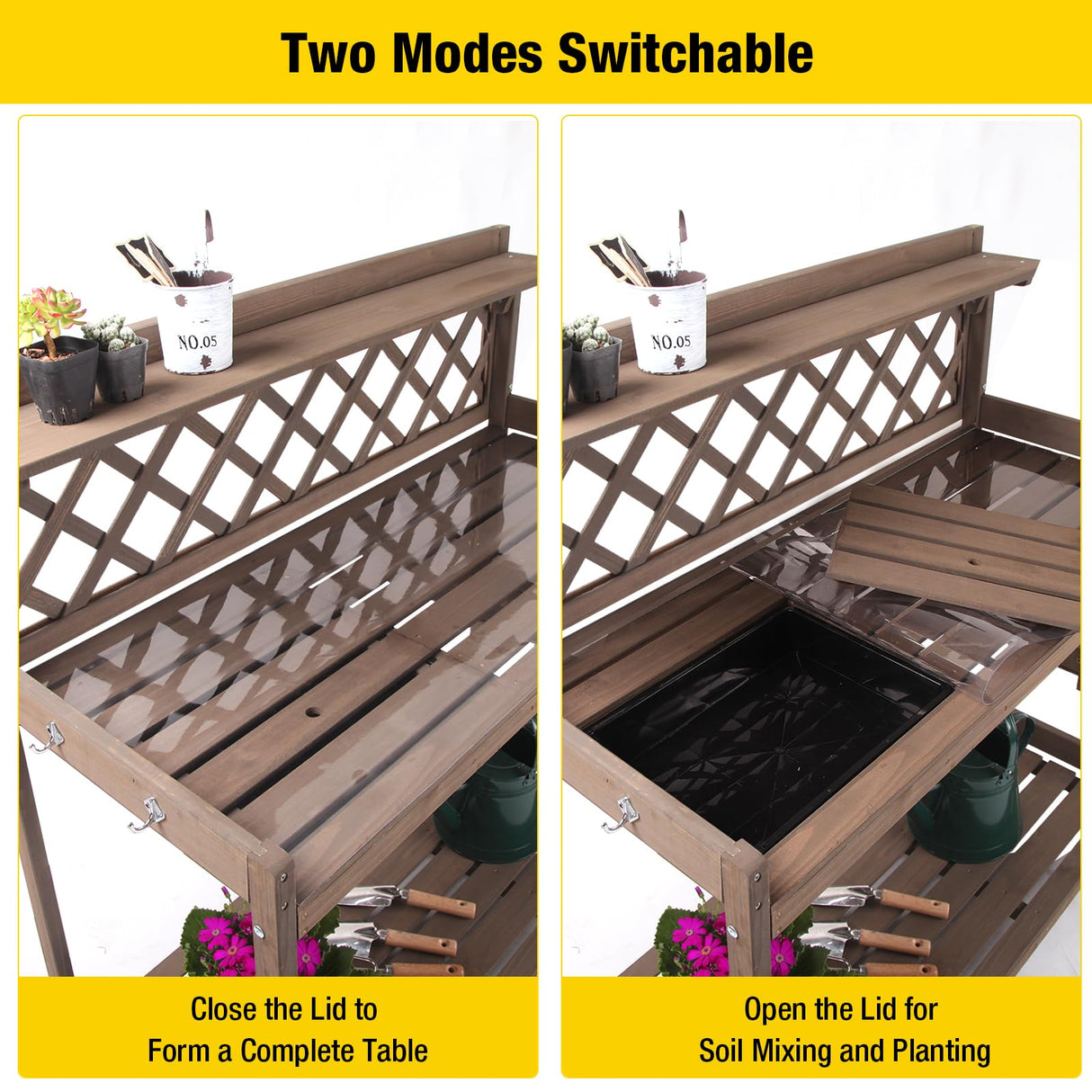 Aivituvin Potting Bench Outdoor with PVC Layer Wooden Planting Table with Sink & Lid Gardening Work Bench with Drawer, Shelf, Hook Aivituvin