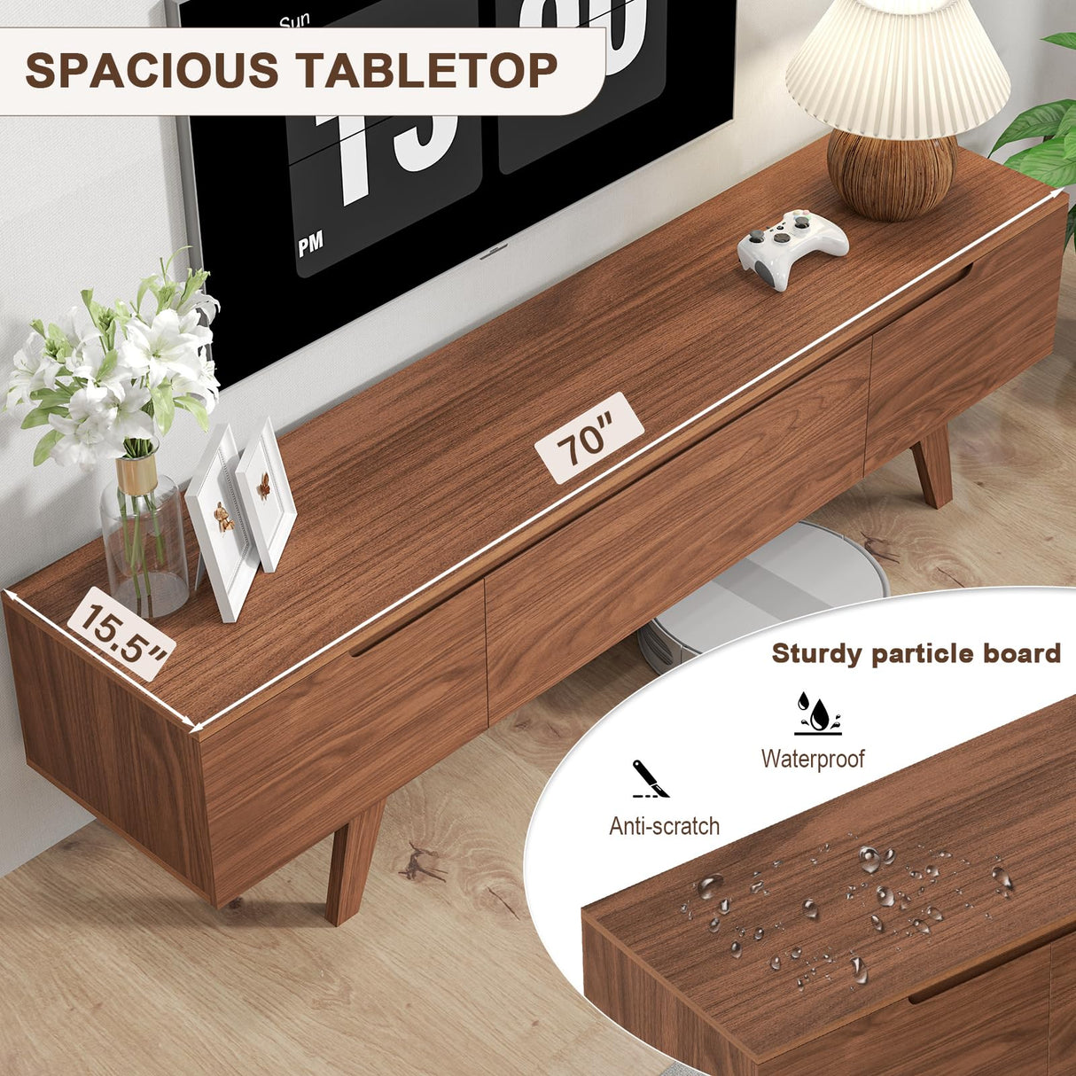 ANJ Mid Century TV Stand, Modern Long TV Console for 80 inch TV, Entertainment Center with Ample Large Storage Cabinet, Wooden Television Furniture for Living Room (Walnut 70") ANJ