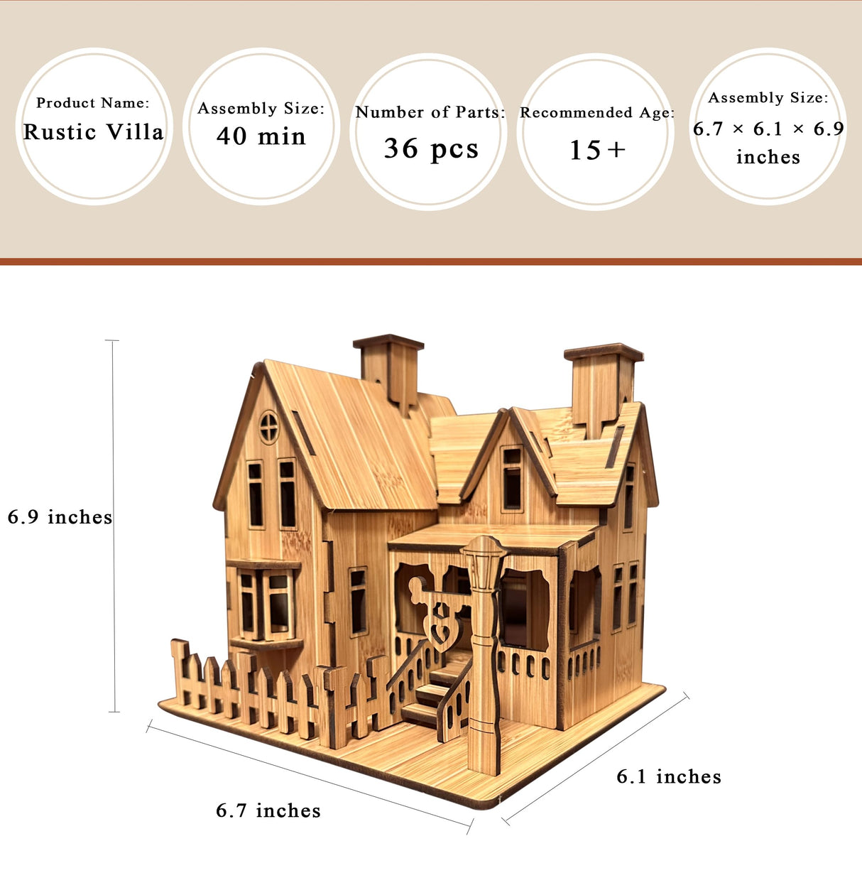 MPIUET 3D Wooden Puzzles for Adults Wooden House Rustic Villa Model Kits for Adults, 6.7" × 6.1" × 6.9", 3D Jigsaw Brain Teaser Puzzles, Log Cabin DIY MPIUET