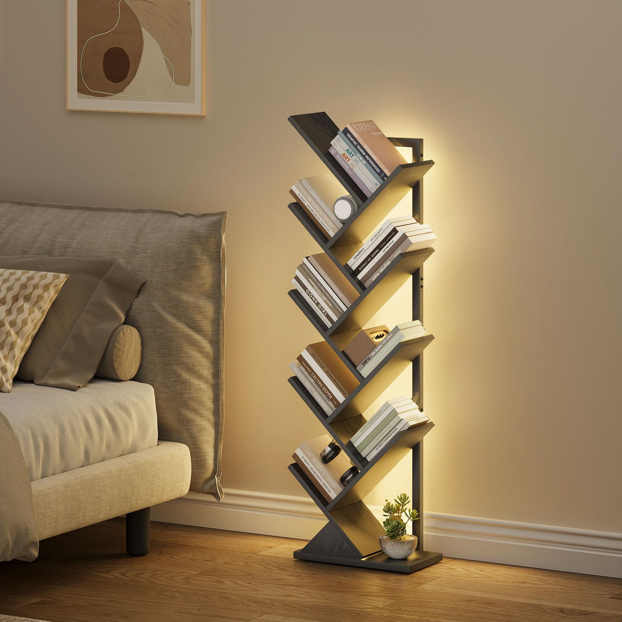 JARHETUN 9 Tier Tree Bookshelf with LED Light, Floor Standing Bookcase, Narrow Bookshelves for Books/CDs/Magazine, Wood Storage Rack for Bedroom, Home Office, Living Room, Black JARHETUN