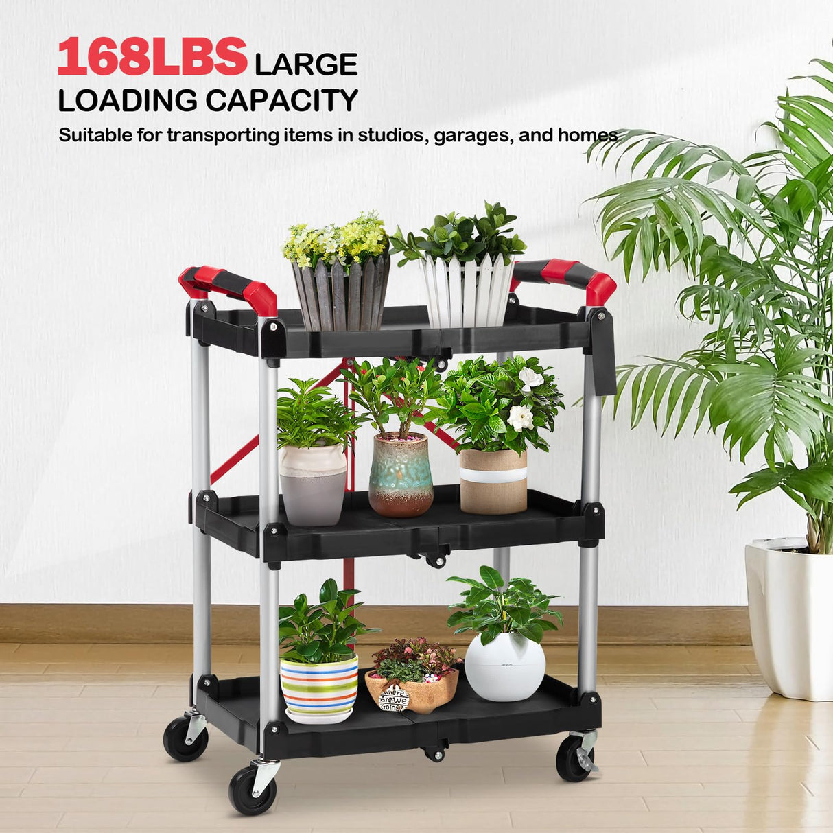 Collapsible Cart with Wheels, Service Cart, Rolling Carts with Wheels Foldable, 3 Tier Rolling Utility Cart, Folding Utility Shopping Cart for Bar, Kitchen, Office, Shopping, Garage PioneerWorks