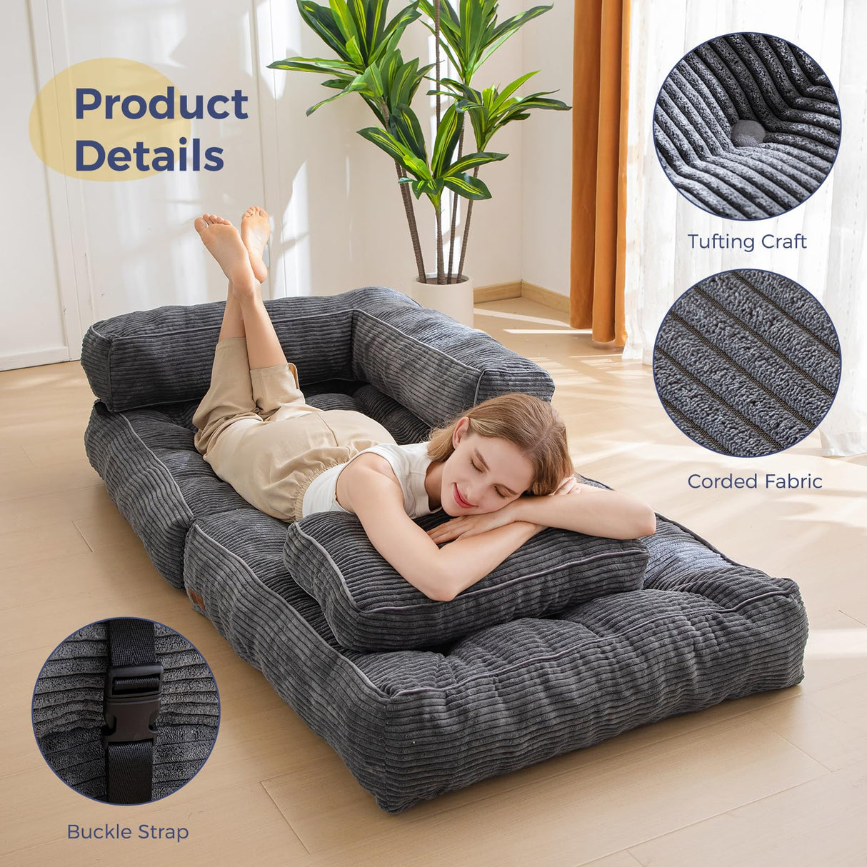 MAXYOYO Folding Sofa Bed, L-Shaped Convertible Sofa Bed with Armrest Foldable Sleeper Sofa with Pillow, Portable Fold Out Chair Bed Comfy Floor Sofa Lounge for Living Room Bedroom, Dark Grey MAXYOYO