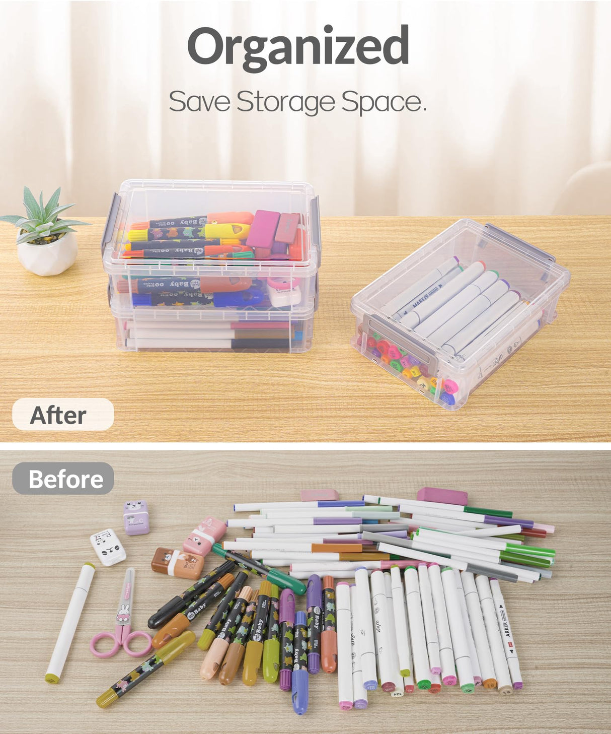 Sooez 6 Pack Extra Large Pencil Box, Plastic Pencil Case Crayon Box Bulk, Clear Marker Organizer Plastic Containers with Lid, Stackable Storage Box for Craft, Pen, Art, School Supply, Grey Sooez