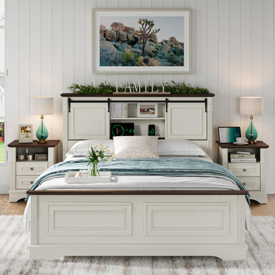 BLANKSPACE Antique White Queen Size Bed Frame with Storage Headboard, Charging Station, Bracket Footboard, Farmhouse Bed Frame with Bookcase and Sliding Barn Doors, Noiseless,No Box Spring Needed