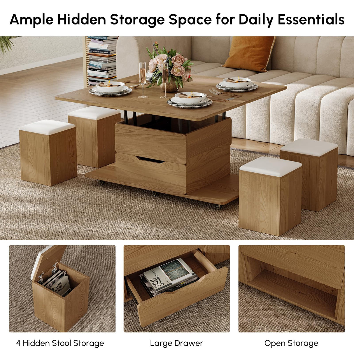 homary Natural Lift Top Coffee Table with Hidden Storage, 3 in 1 Multi-Function Modern Folding Center Table with 4 Stools and Casters homary