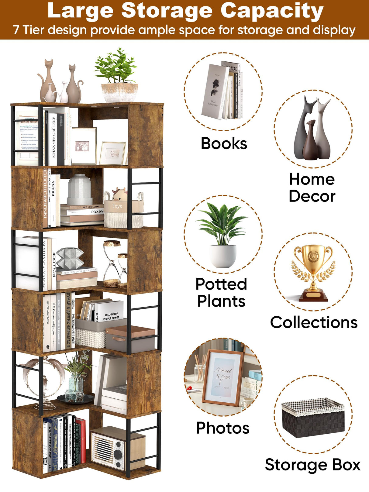 Qriocioa 7-Tier Corner Bookshelf 73.6 Inches Tall Corner Bookcase Industrial Wood and Metal L Shaped Bookshelf Large Storage Display Rack for Living Room, Home Office, Rustic Brown Qriocioa