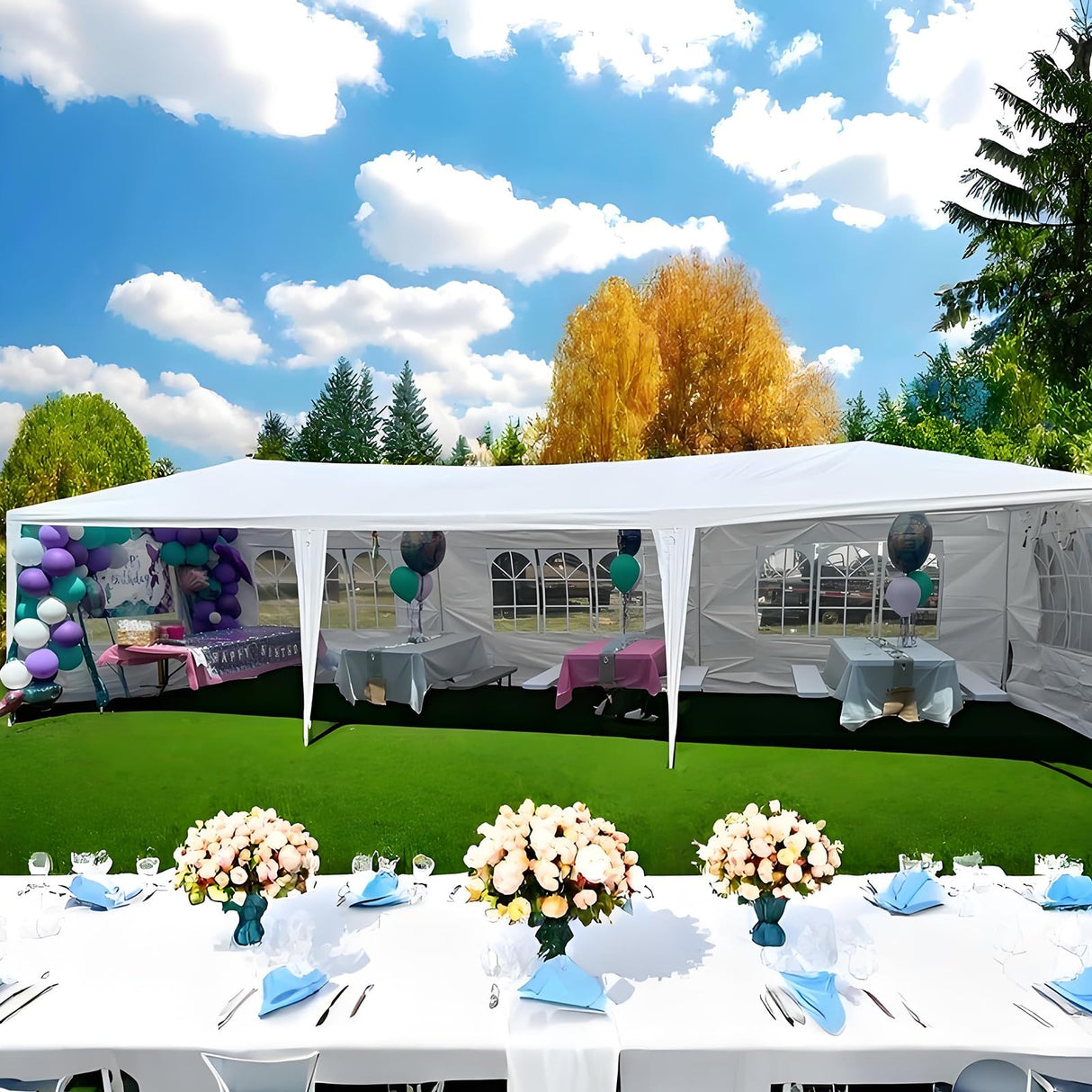 KUIKUI 10'x30' Party Tent with Sidewalls, Carpas para Fiestas 10x30, Tents for Parties with 8 Removable Sidewalls, White KUIKUI
