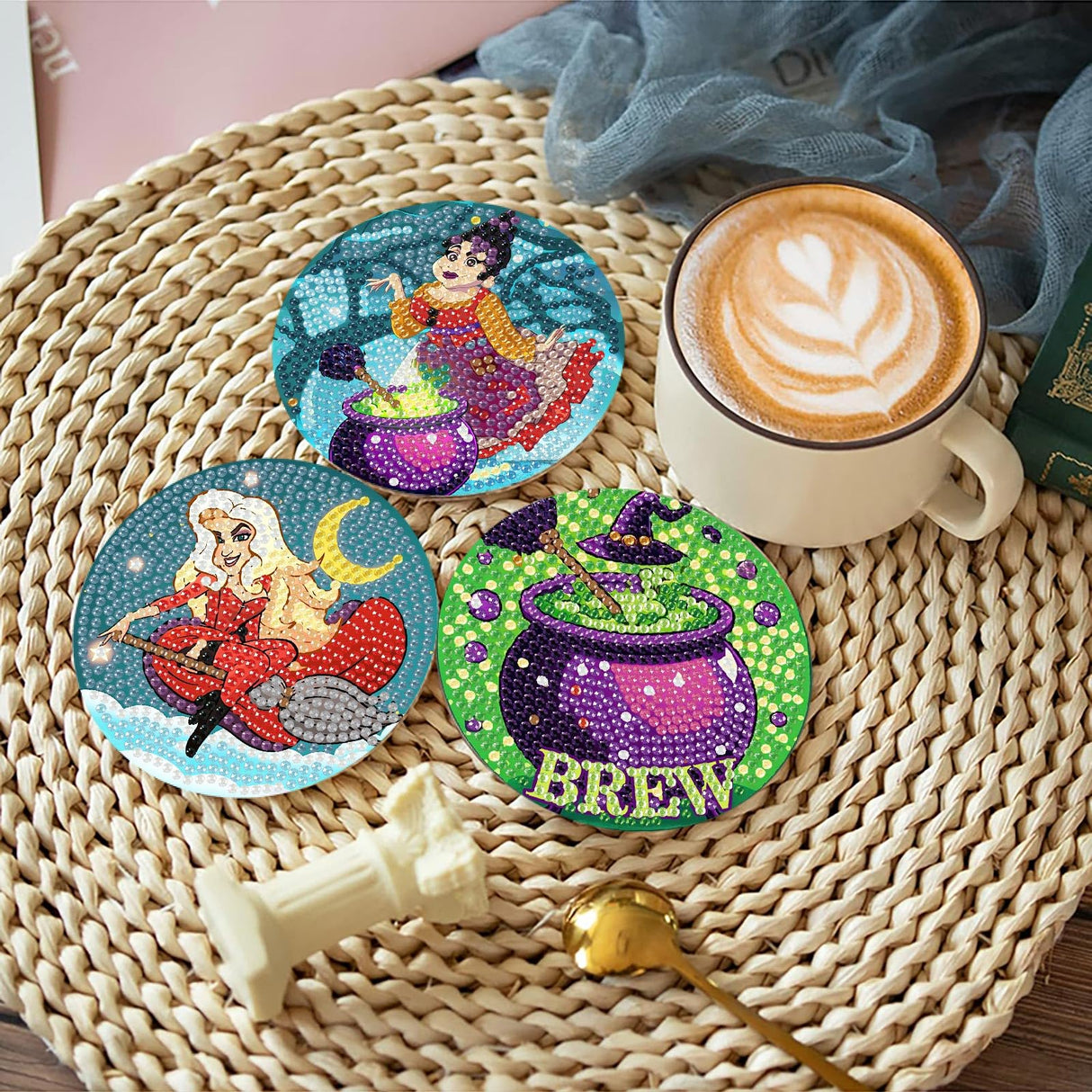 CEUHROG 6 Pcs Diamond Paintings Coasters Kits with Holder, DIY Halloween Coaster Diamond Art Kits,Full Drill Rhinestone Painting Kits for Adults Ki,Beginners Art Craft Supplies CEUHROG