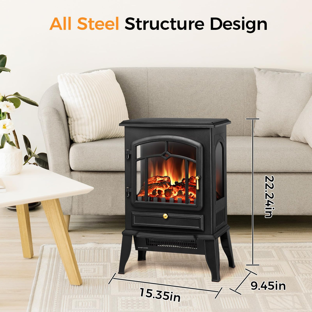 22" Electric Fireplace Heater,Freestanding Fireplace Stove with Realistic Flames,1000/1500W Fireplace Heater with Overheating Protection,Adjustable Flame Brightness(Black) Joy Pebble