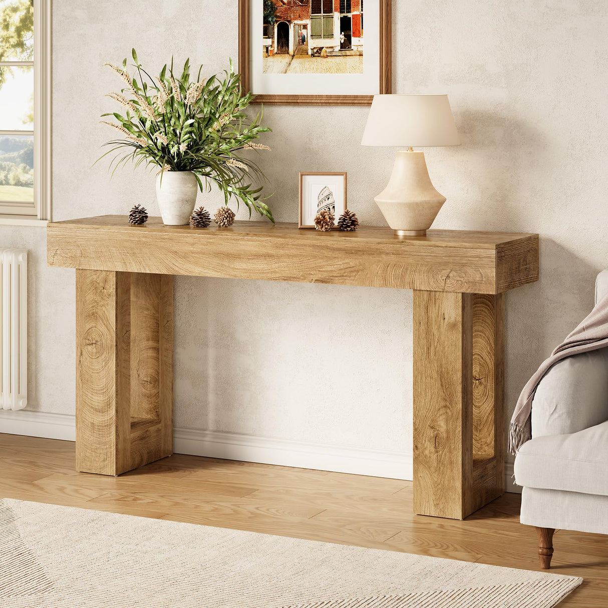 LITTLE TREE 63 Inches Long Console Table for Entryway, Sofa Table Behind Couch, Wooden Entry Table Foyer Hallway Table, Industrial Console Sofa Table for Living Room, Oak Color LITTLE TREE