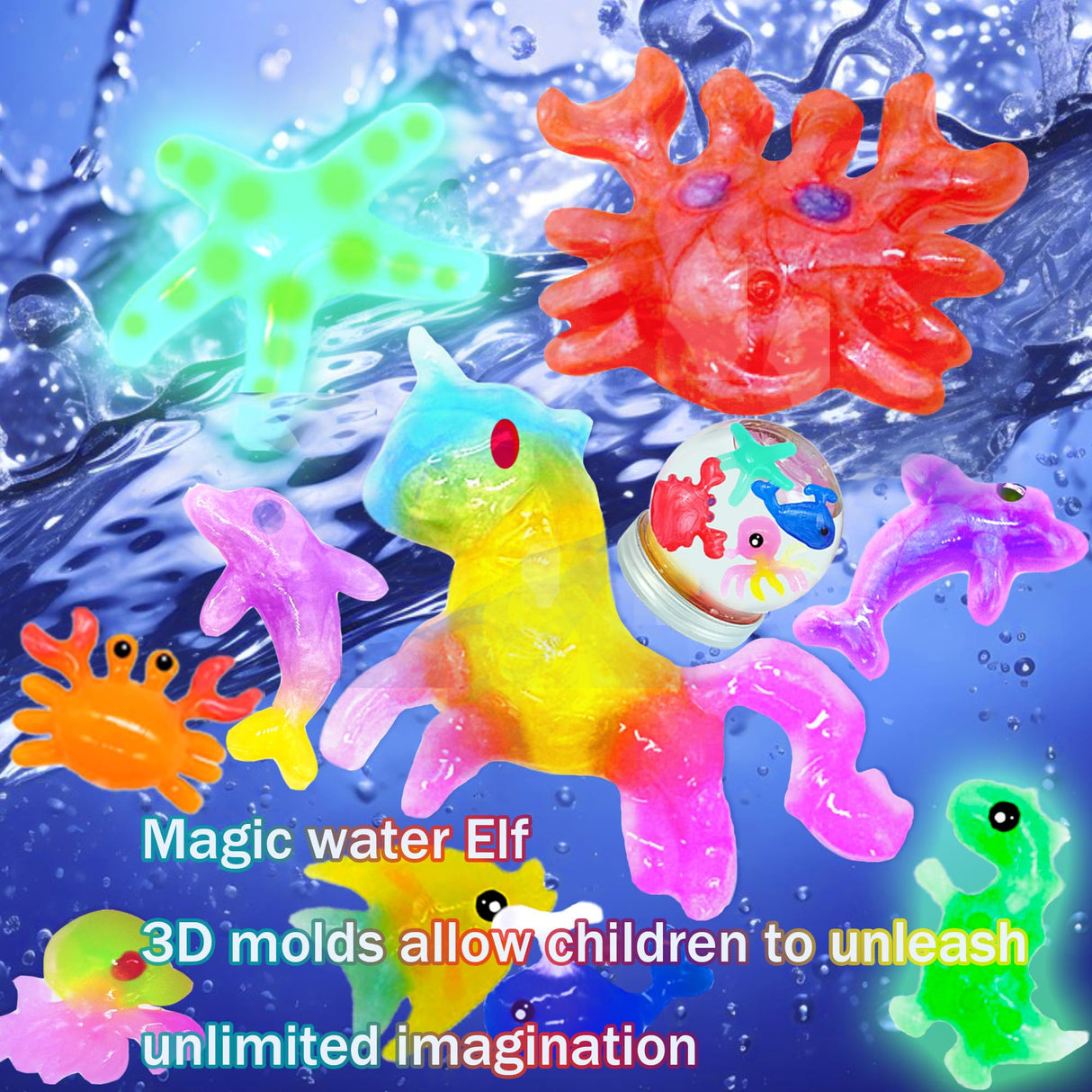 HFCHUPIN Magic Water Elf Toy Kit, Water Gel Kit with 6 Magic Gels,2 Bottles Ofluminous Gel 8 Sea Creature Molds. Birthday Gifts, Party Favors, Arts & Crafts DIY Kits for Kids HFCHUPIN
