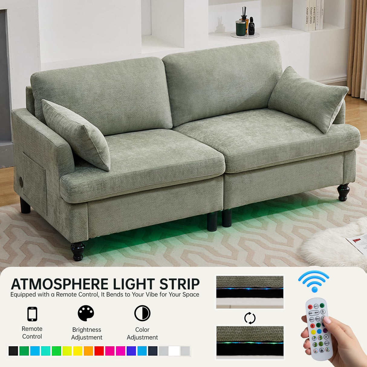 Opiesit 68.9” Loveseat Sofa Couch, Modern Comfy 2 Seat Chenille Couches, Spring Cushions & Solid Wood Frame, Small Couch with LED Light/USB Charging Function for Living Room, Bedroom, Apartment, Cyan Opiesit