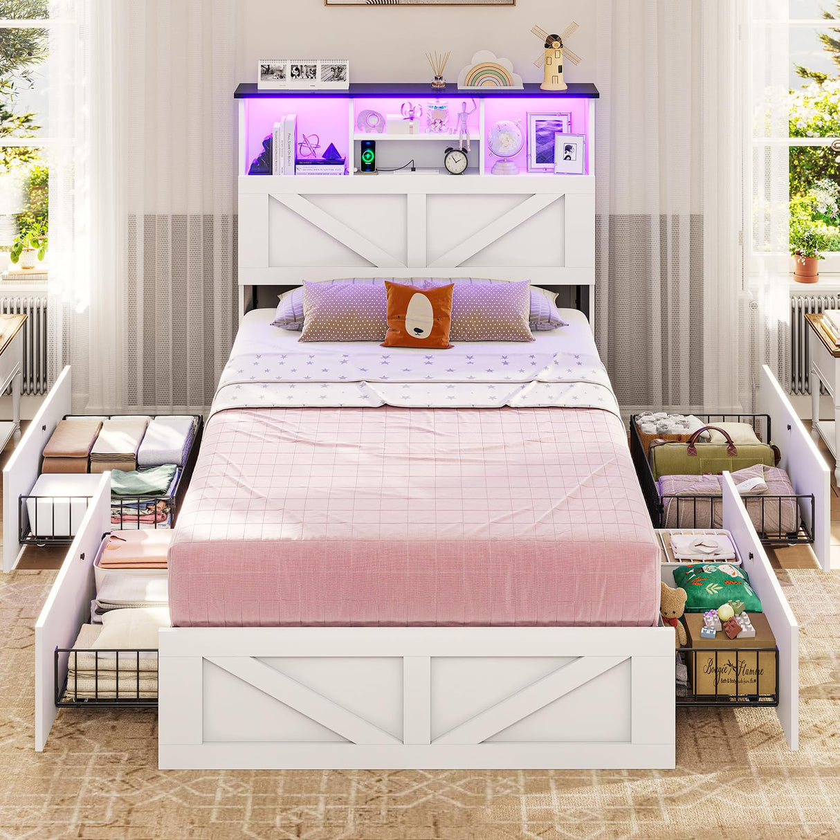 VIAGDO Farmhouse Bed Frame Twin Size with Bookcase Storage Headboard, Charging Station and LED Lights, Wooden Twin Bed Frames with 4 Drawers, Barn Door Design, No Box Spring Needed, No Noise, White VIAGDO