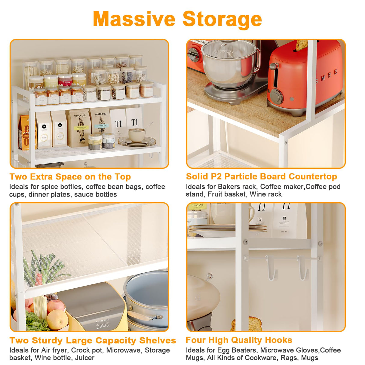 Roxibelt S1 Kitchen Bakers Rack with Power Outlet,Microwave Stand with Storage 5-Tiers,Freestanding Coffee Bar Table with 4 Adjustable Hooks,Kitchen Storage Shelf 13" D x 22.9" W x 58.3" H,Beige White Roxibelt