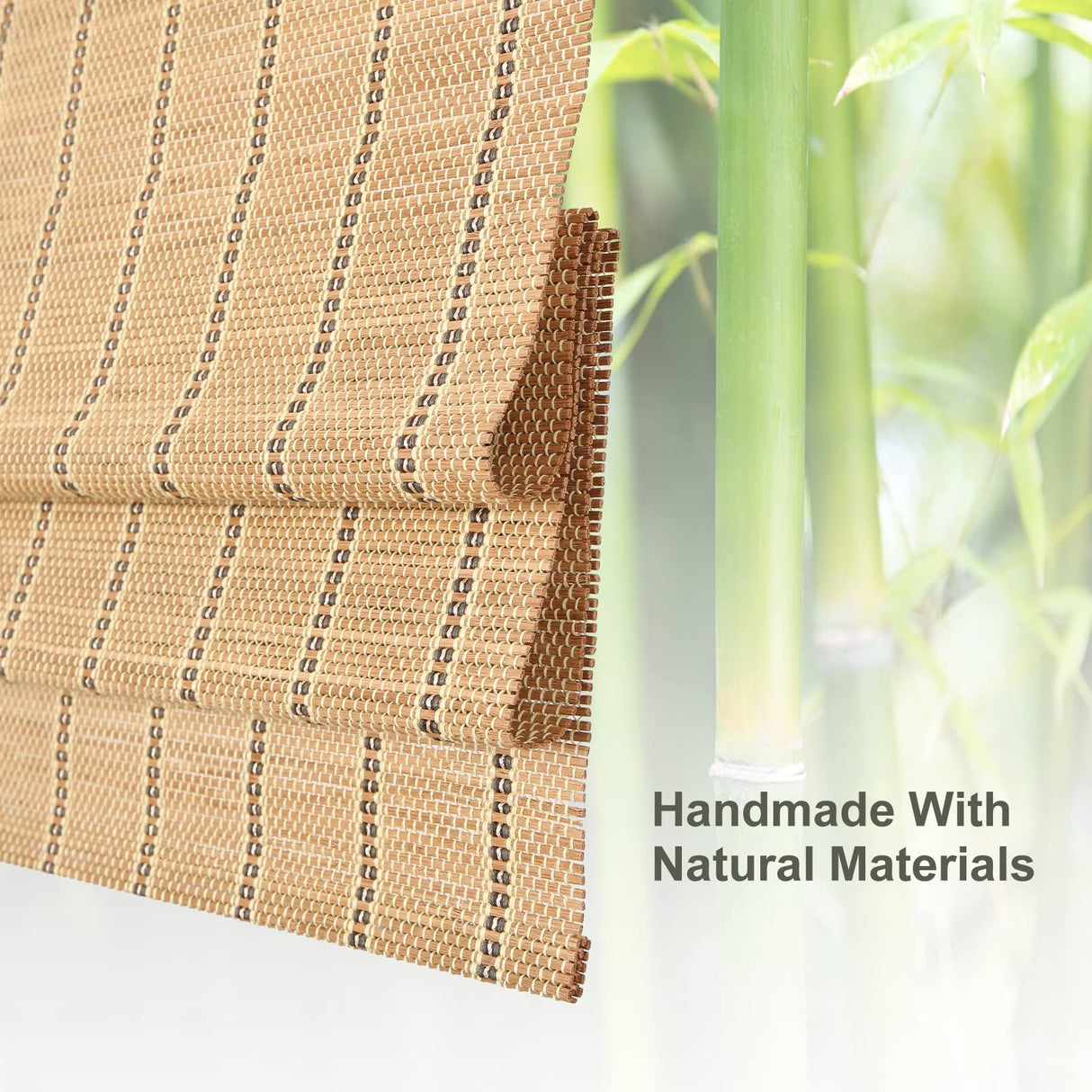Cordless Bamboo Roman Shades, Natural Woven Blinds with 6 Inches High Valance, Custom Room Darkening Privacy Lined Sun Shade for Indoor Windows, Doors, Color 5 AOZORA