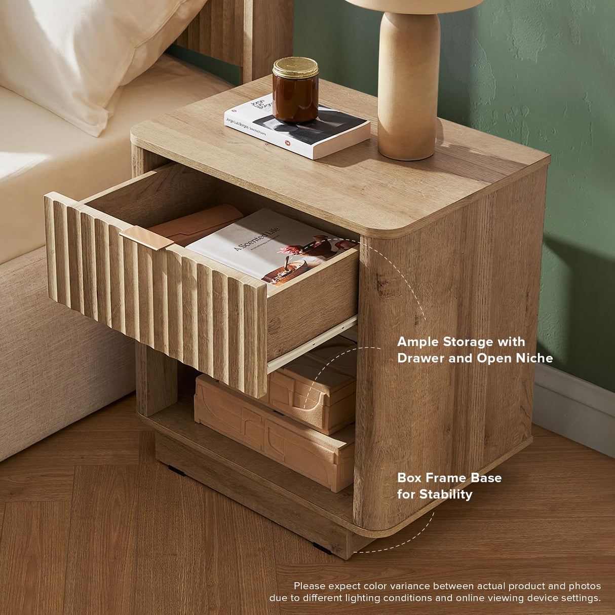 mopio Brooklyn Night Stand, Modern Farmhouse Nightstand, Small Side Table, Bedside Table with Drawer, End Table with Storage, Fluted Panel, Curved Profile (Oak, Set of 2) mopio