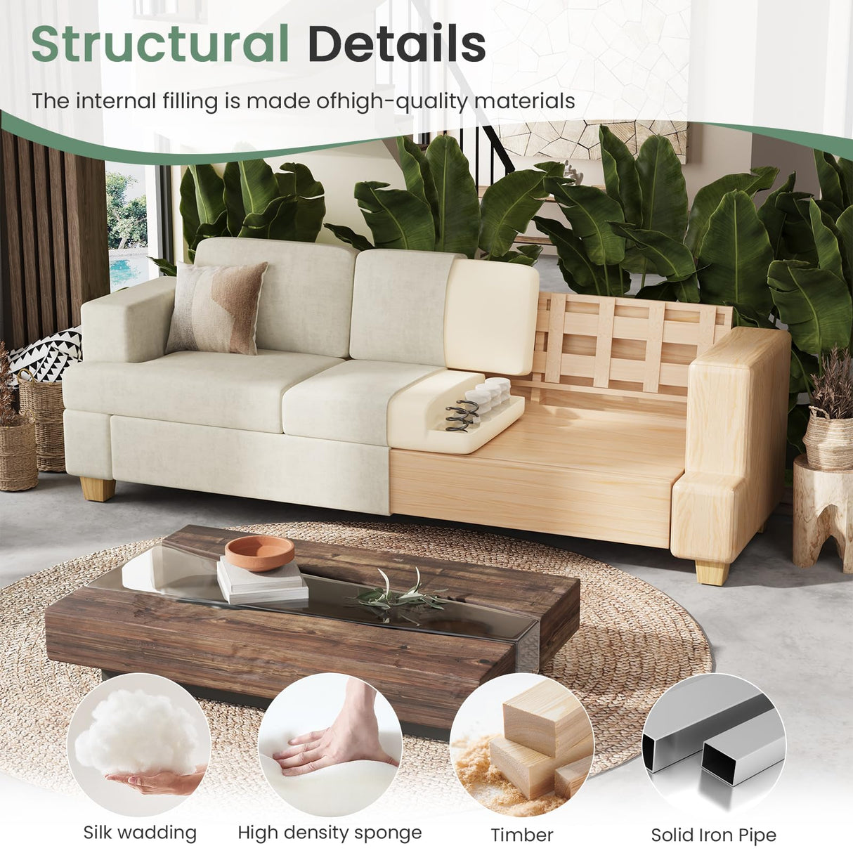 YOUDENOVA Sofa, 2 Piece Set Comfy Couch, 3 Seater & Loveseat Sofa with Deep Seats, Modern Sleeper Couch for Living Room, Beige Chenille YOUDENOVA