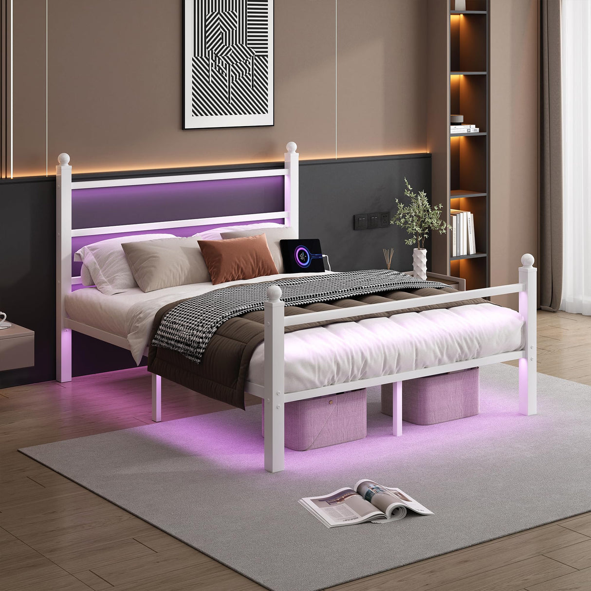 CLIBFENG Full Size Bed Frame with Headboard and Footboard,Steel Slats Support-LED Bed Frame with USB Charging Station,Mattress Foundation-Under Bed Storage,No Box Spring Needed,Noise Free,White CLIBFENG