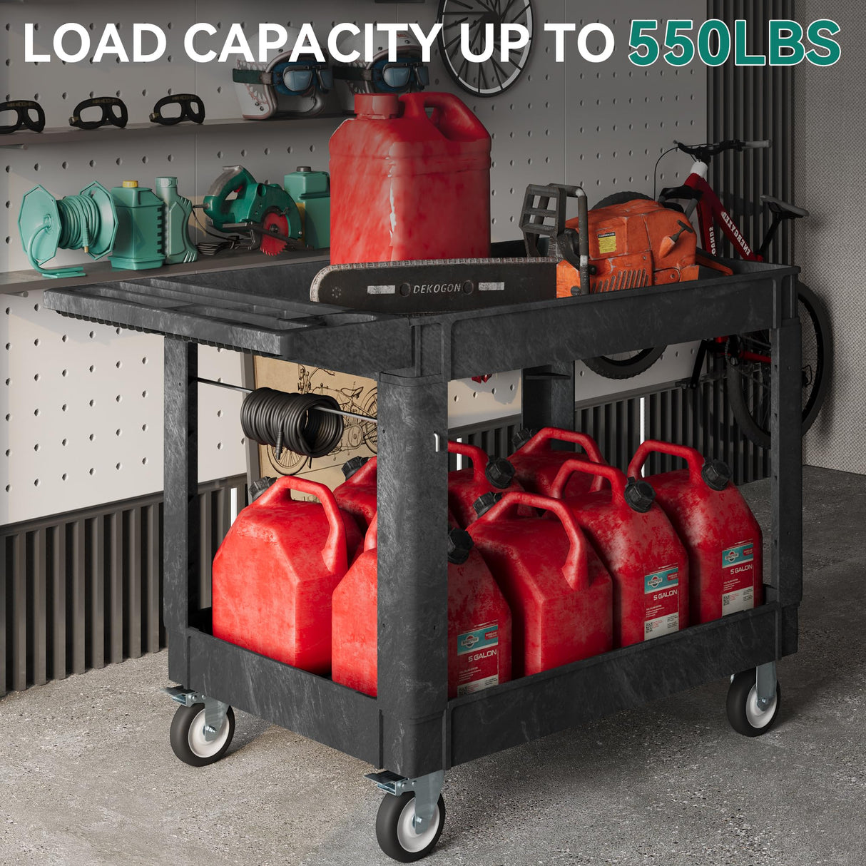 YITAHOME Utility Cart on Wheels, 550 lbs Capacity, 45 x 25 Inch Rolling Work Carts with Wheels, 2 Shelf Heavy Duty Plastic Service Cart Suitable for Warehouse, Garage, School & Office, Cleaning, Black YITAHOME