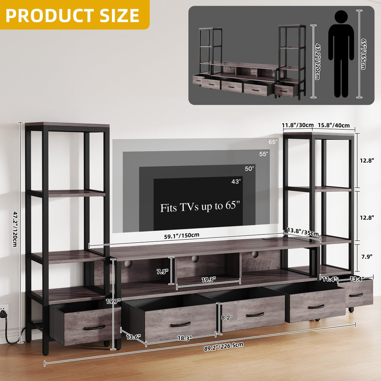 DWVO Entertainment Center with Bookshelves, LED TV Stand for 65/60 inch TV, Farmhouse TV Stand for Living Room with 2 Industrial 4-Tier Bookshelves & Power Outlets, Grey DWVO