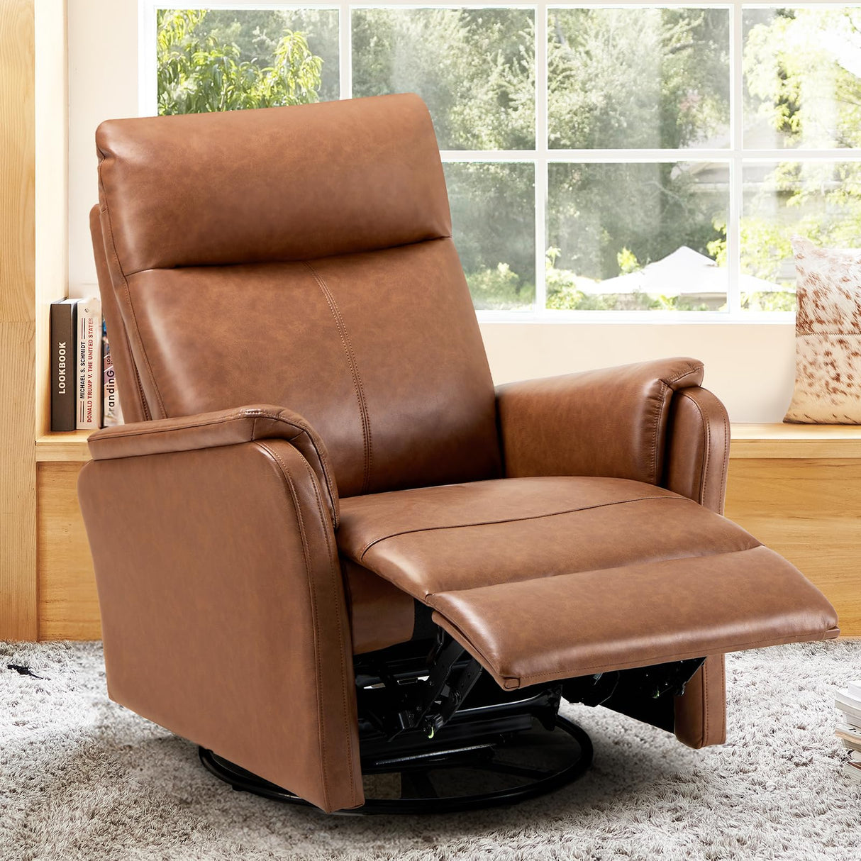 Swivel Rocking Recliner Glider Chair, Leather Nursery Reclining Rocker Chair with Footrest, Ergonomic Backrest, Wide Seat Cushion and Metal Base-Cocoa COLAMY