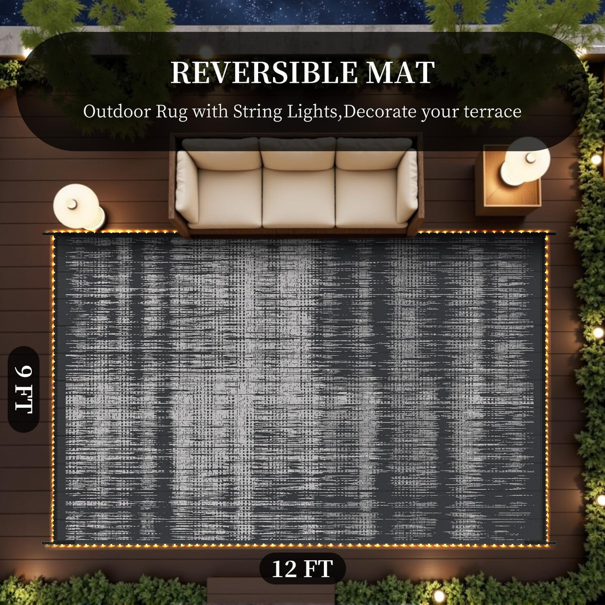 MontVoo Outdoor Rug Waterproof 9x12 ft with Strip Lights Outdoor Patio Rug Mat Reversible Plastic Straw Rug Outside Outdoor Rug for RV Camping Picnic Balcony Backyard MontVoo