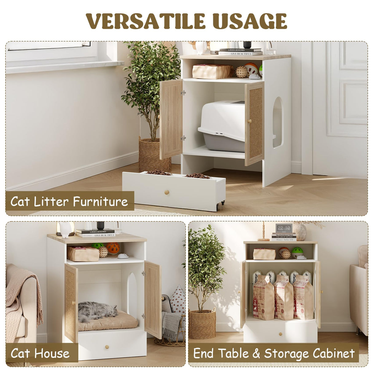Cat Litter Box Enclosure Furniture Hidden - Indoor 3-in-1 Wooden Cat House & Washroom Cabinet with Scratching Board Doors, Shelf and Feeder Bowls, 23.6”x17.7”x32.7”H Faceket
