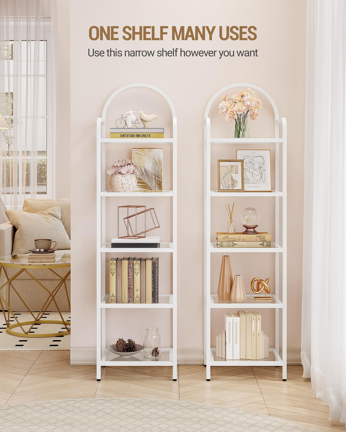 Hzuaneri Bookcase Bookshelf, Tempered Glass Bookshelves, Slim Shelving Unit for Bedroom, Bathroom, Home Office, Steel Frame, 5 Tier White BC05099W Hzuaneri