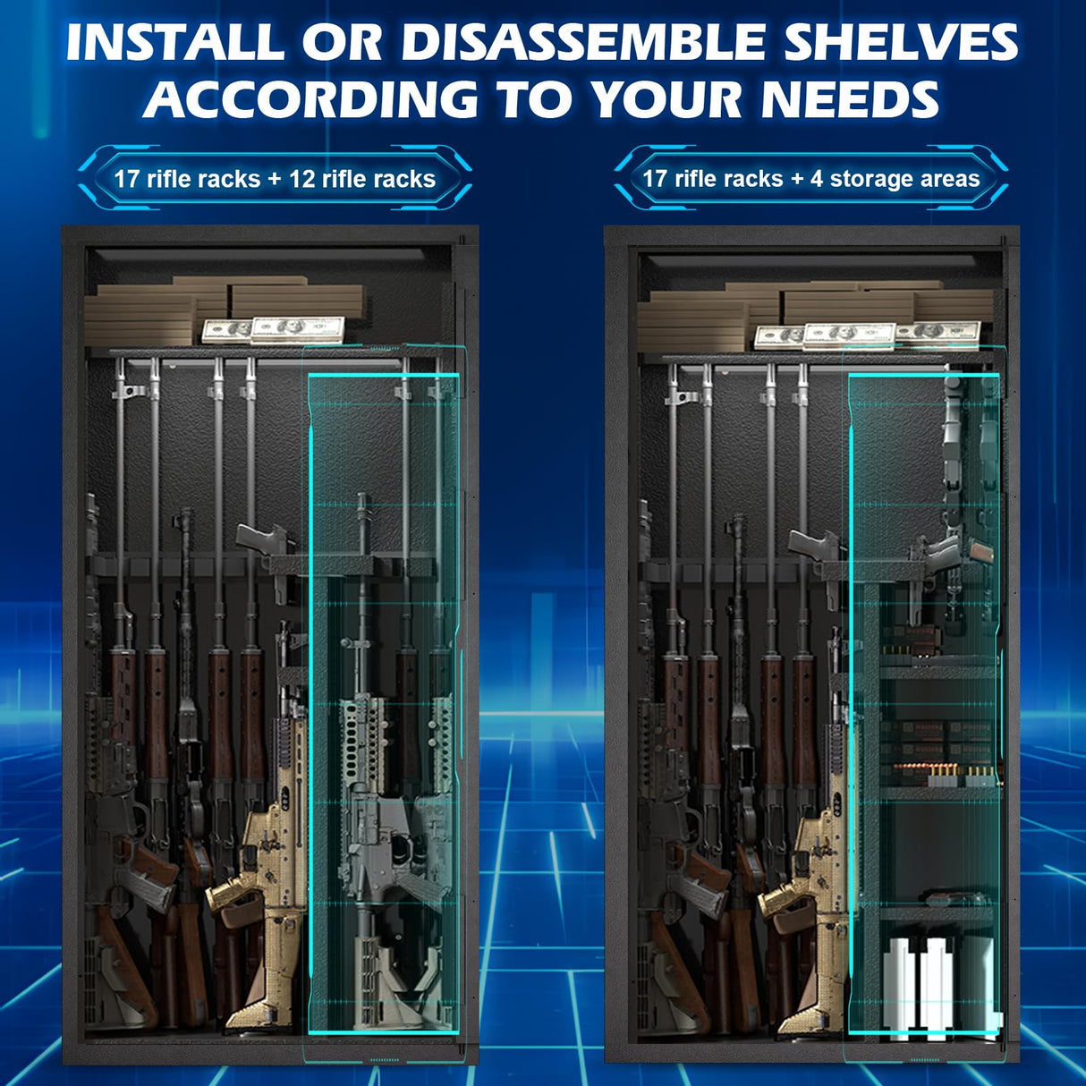 Large Rifle Safe, 30 Gun Safe for Rifle and Shotgun/Rifle Pistol Rack/Storage Pocket/Removable Shelf/Silent Mode/External Battery/LED,180° Open Door Panel Organizer Gun Cabinet Unassembled (Updated) TTSITG