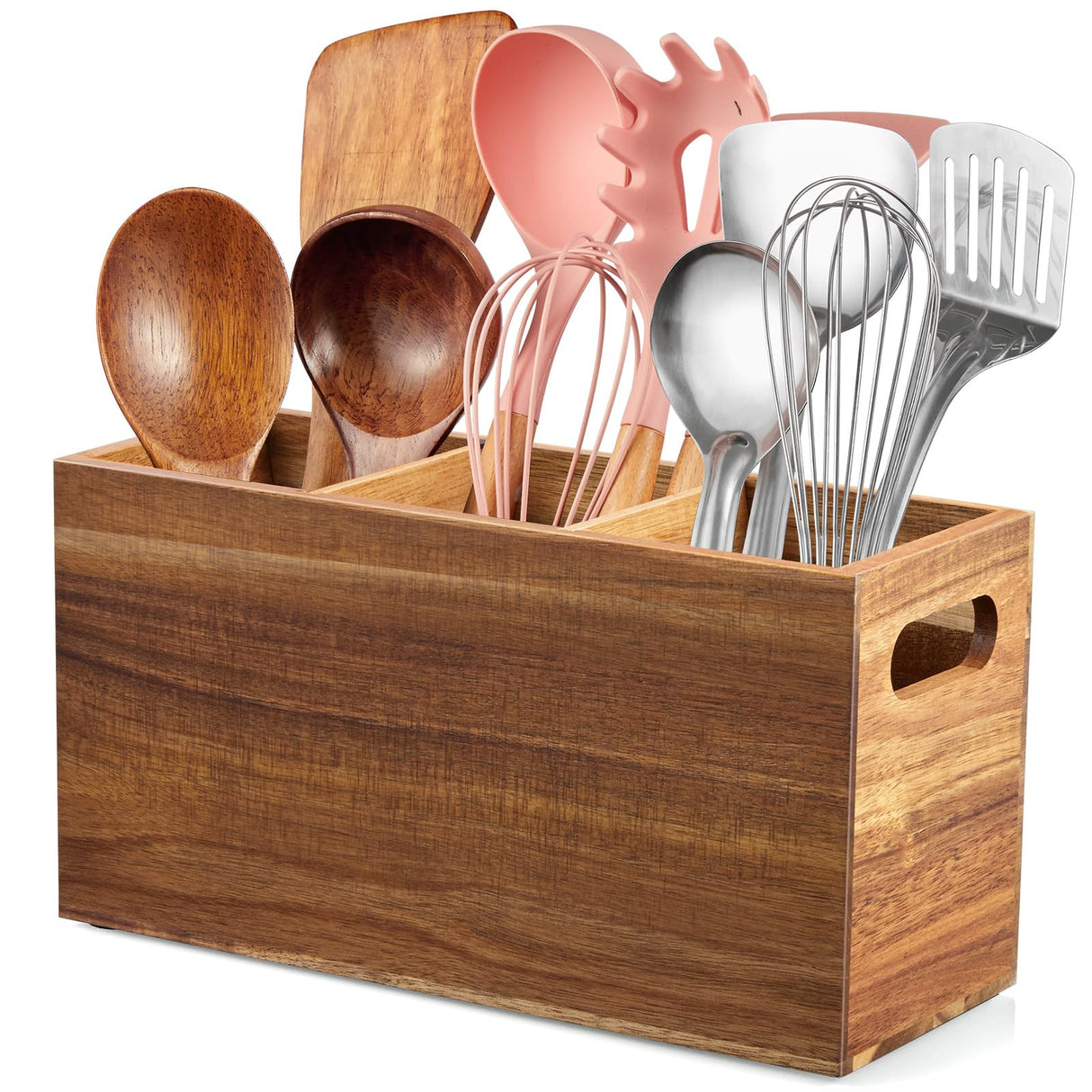 ALELION Acacia Wood Utensil Holder for Kitchen Counter - 3 Compartment Large Kitchen Utensil Caddy Organizer for Countertop - Kitchen Tool Holder for Spatula - Farmhouse Kitchen Decor Accessories ALELION