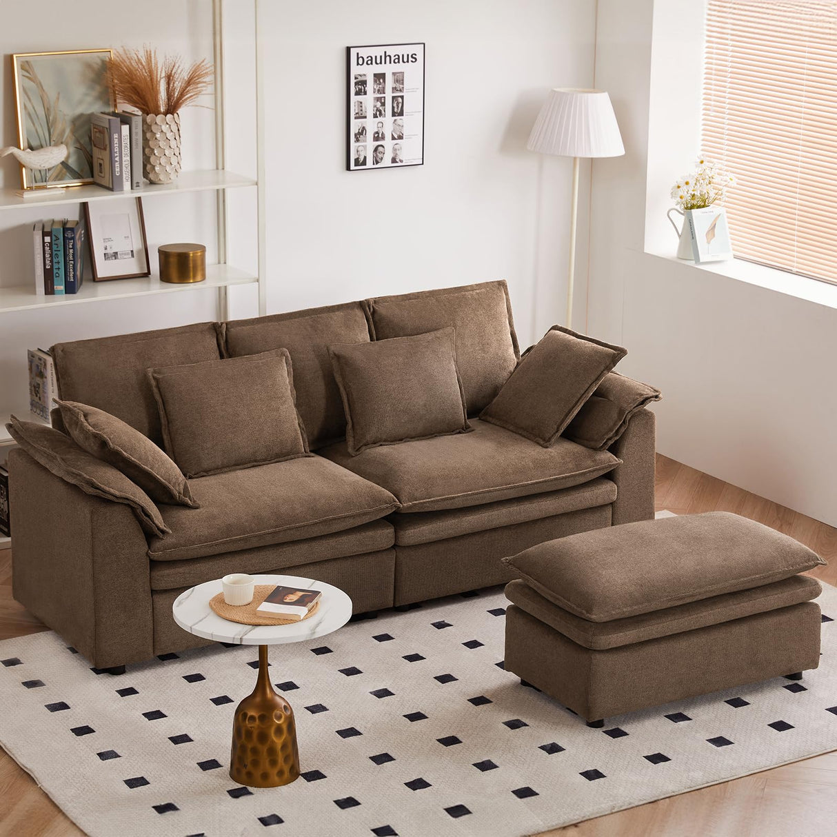 FEISHOMINOO 87" L Shaped Sectional Sofa Modular Deep Seat Sofa Couch with Ottoman, Chenille Sofa Sleeper Comfy Upholstered Furniture for Living Room, Apartment, Studio, Office (Espresso, L-Shaped) FEISHOMINOO