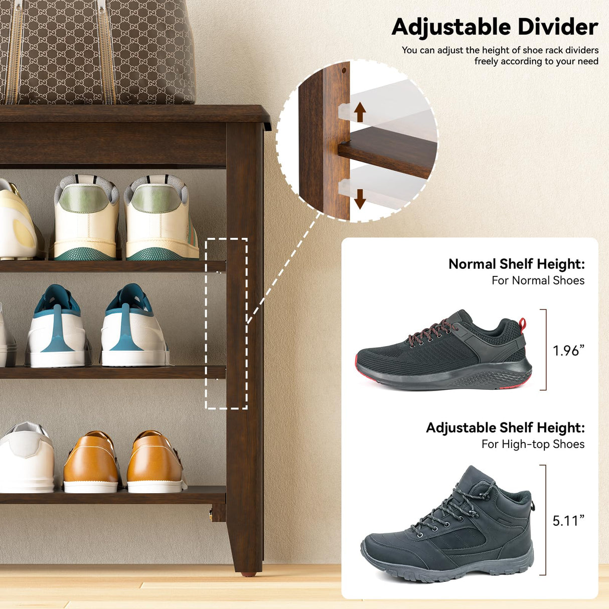 Taitiy Shoe Bench Storage Rubberwood, Entryway Bench with 3-Tiers Height Adjustable, Shoe Rack Front Door Entrance Organizer for Hallway Living Room, Mudrooms, Walnut,31.5" Taitiy