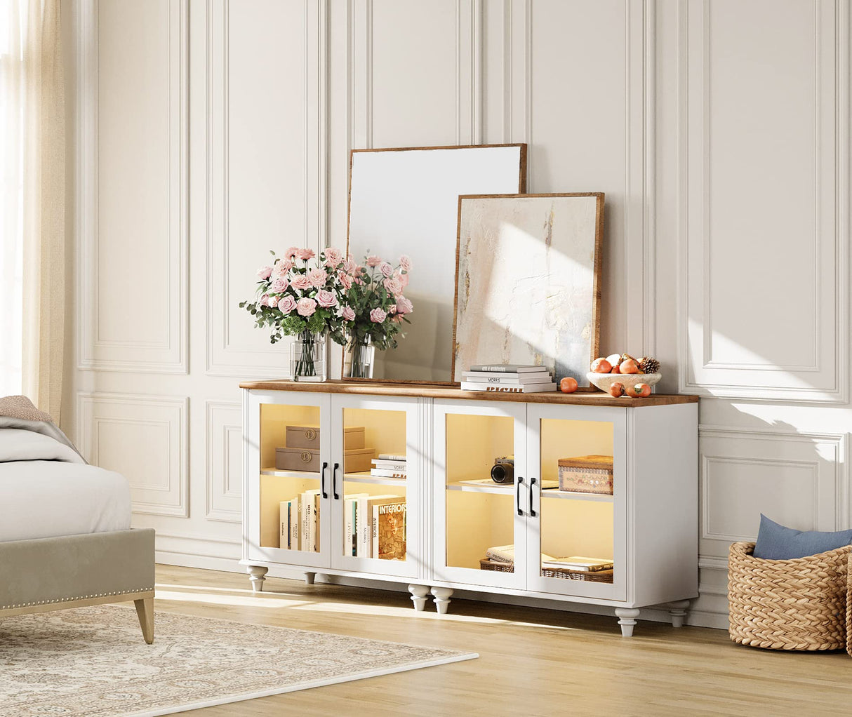 WAMPAT Large TV Stand for TVs up to 110 Inch, White Entertainment Center TV Console Table for 85/90/95/100 Inch TV with LED Light, Accent Buffet Cabinet with Glass Door for Dining Room & Living Room WAMPAT