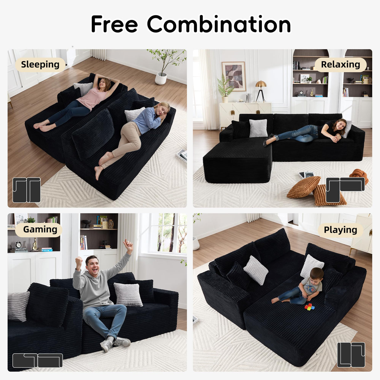 Opiesit 108" Boneless Couches for Living Room, Modular Sectional Sofa with Oversized Chaise, L-Shape Cloud Couch with Deep Seat, High-Density Memory Foam, No Assembly Required, Plush Corduroy Black Opiesit