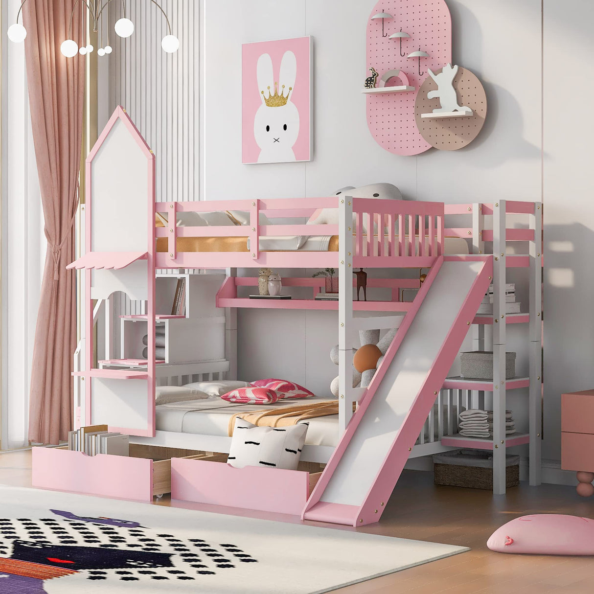 Full-Over-Full Bunk Bed, Castle Style Bunk Bed with 2 Drawers and 3 Shelves, Solid Wood Bunk Beds with Slide and Storage Staircase, Playhouse Low Bunk Bed for Kids Teens Boys Girls (Pink-O273) Aiuyesuo