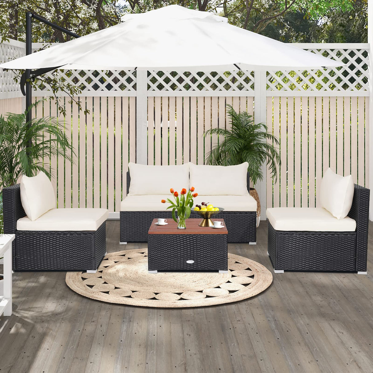 Tangkula 5 Piece Outdoor Patio Furniture Set, Patiojoy PE Wicker Conversation Set with Solid Acacia Wood Tabletop and Soft Cushions, Patio Sectional Sofa Furniture Set for Garden, Poolside (Off White) Tangkula