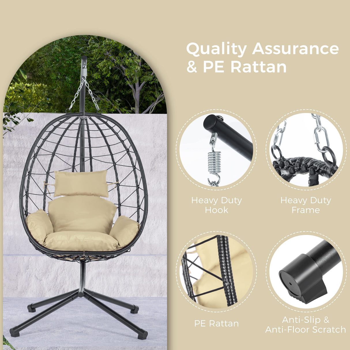 Indoor Outdoor Egg Hanging Chair with Stand, Patio Wicker Outdoor Swings for Adults 350lbs Capacity Hammock Egg Chair with Strong Frame & Soft Cushions for Patio, Bedroom, Balcony, Porch, Yard, Black Ziraukon