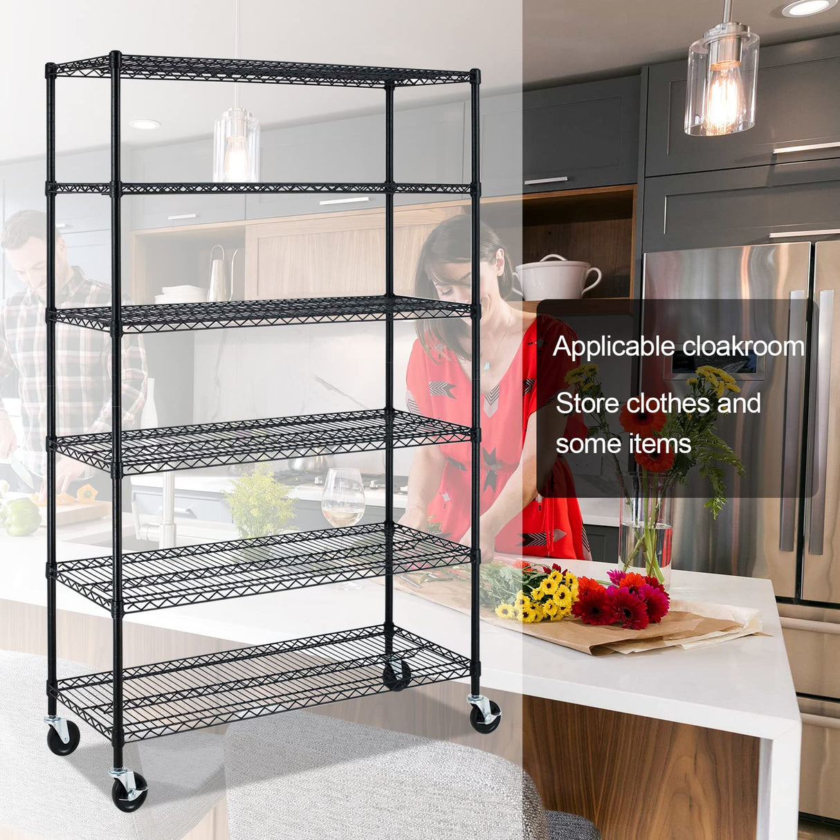 Storage shelves, 6-Tier Wire Shelving Unit NSF Certified Storage Rack 18"D x 48"W x 78"H 6000Lbs Capacity Adjustable Layer Heavy Duty Metal Rack Steel with Casters for Kitchen Garage Pantry Black Dopinmin