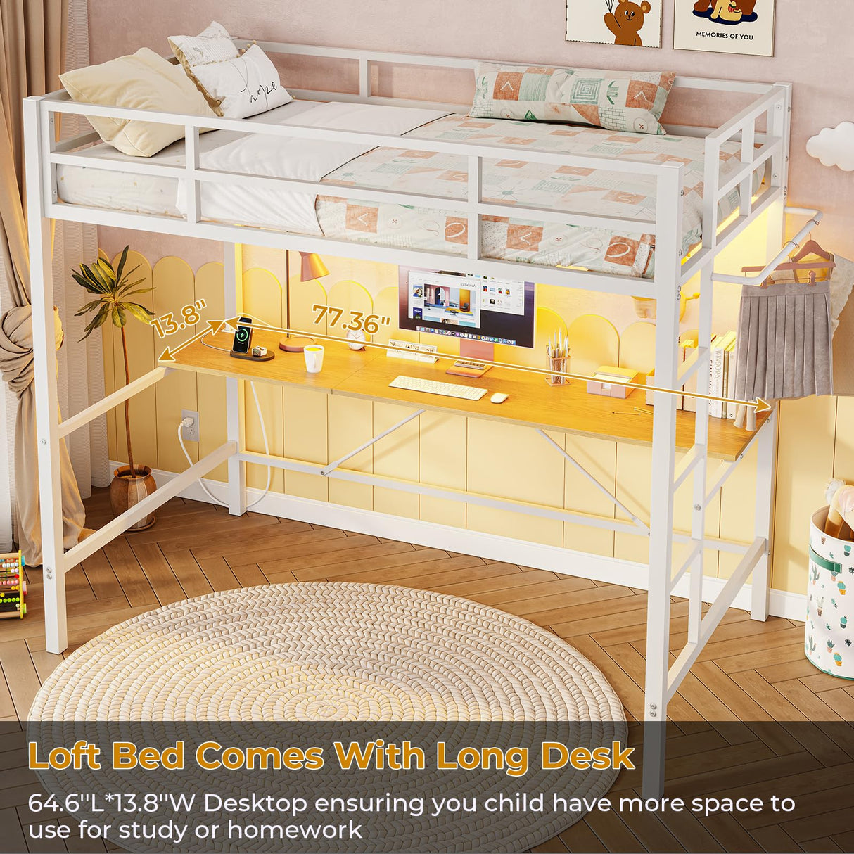 DICTAC Twin Loft Bed with Desk and Charging Station Twin Size Metal Bed Frame with LED Lights Metal Platform Bed,Top Bunk with Safety Guardrail and Stair, Space-Saving,No Box Spring Needed, White DICTAC