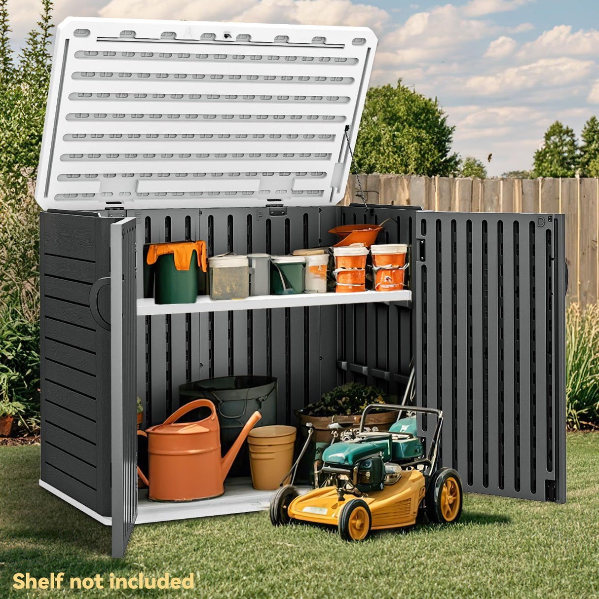 DWVO 35 Cu Ft Storage Shed with Unique X-Shaped Lockable Door, Outdoor Weatherproof Resin Shed Without Shelf for Waste Bins, Bicycles, Gardening & Lawn Equipment, Dark Gray DWVO