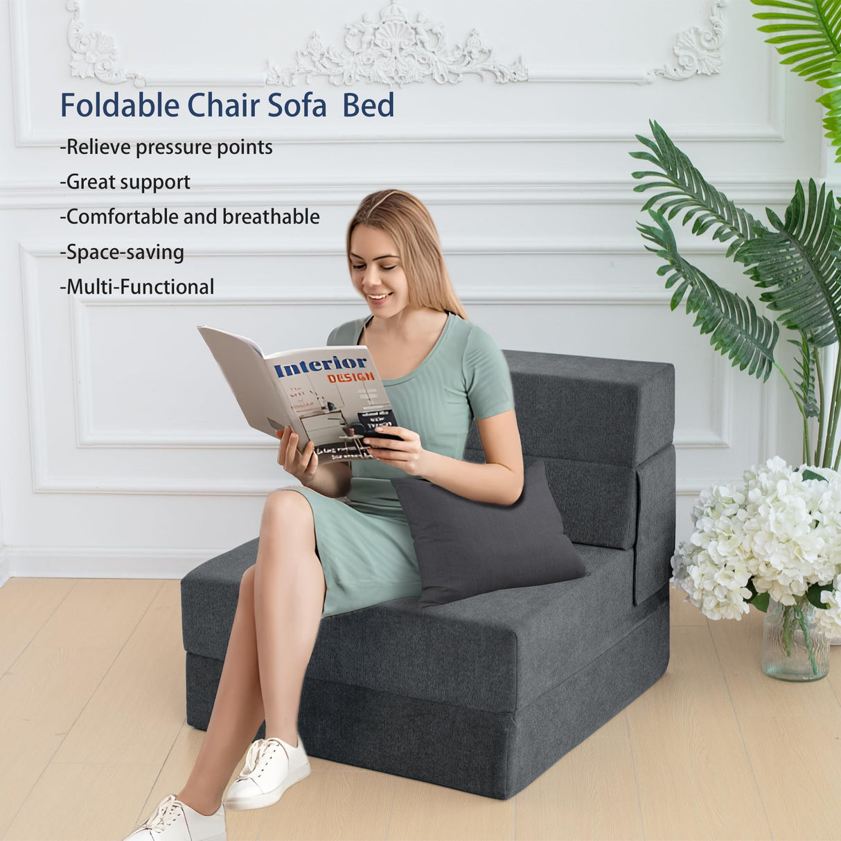 Ressainic Folding Sofa Bed Chair with Pillow,Convertible Fold Out Chair Bed Sleeper,Foam Floor Mattress, Foldable Futon Couch Bed for Living Room/Dorm/Guest/Office (Grey, Single) Ressainic