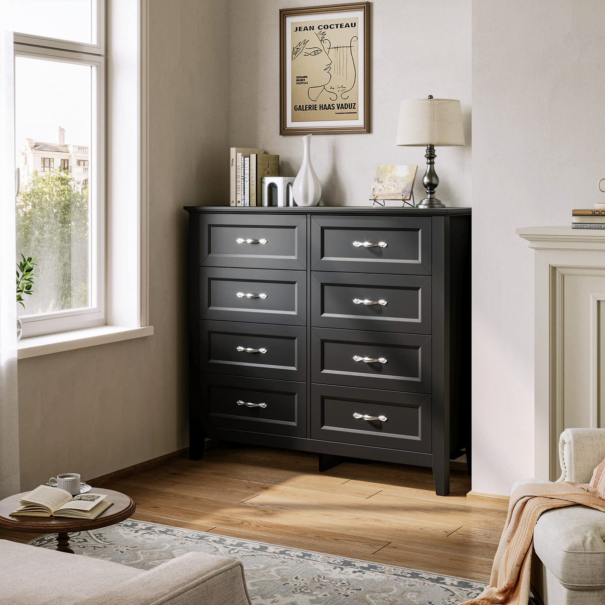 LINSY Dresser for Bedroom, 8 Drawers Bedroom Dresser Wood for Nursery, Tall Chest of Drawers, Wide Farmhouse Wood Dresser for Bedroom, Hallway, Closet, Living Room, Black LINSY