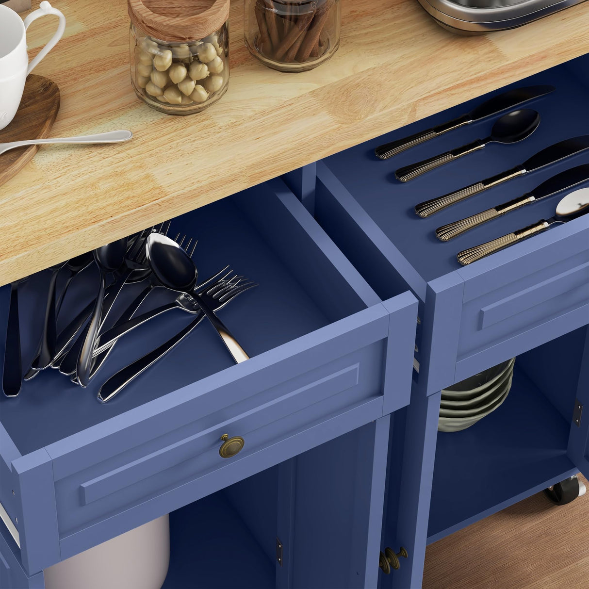 HOMCOM Kitchen Island on Wheels, Rolling Cart with Rubberwood Top, Spice Rack, Towel Rack and Drawers for Dining Room, Navy Blue HOMCOM