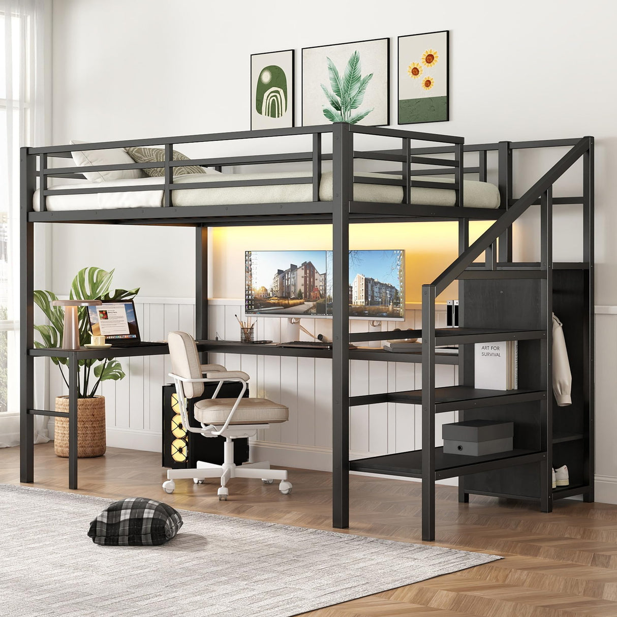 Bellemave Full Size Metal Loft Bed with L Shaped Desk and Wardrobe, Heavy Duty Loft Bed Frame with Storage Stairs, LED Loft Bed Frame with Charging Station & Safety Guardrails, Black Bellemave