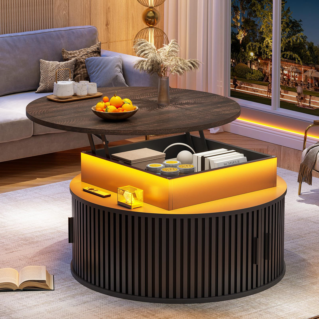 Itaar 31.5" Lift Top Coffee Table, 3-Tier Round Coffee Table with Storage, Fluted Coffee Tables for Living Room with Sliding Cabinet Door, LED Center Table, Black Itaar