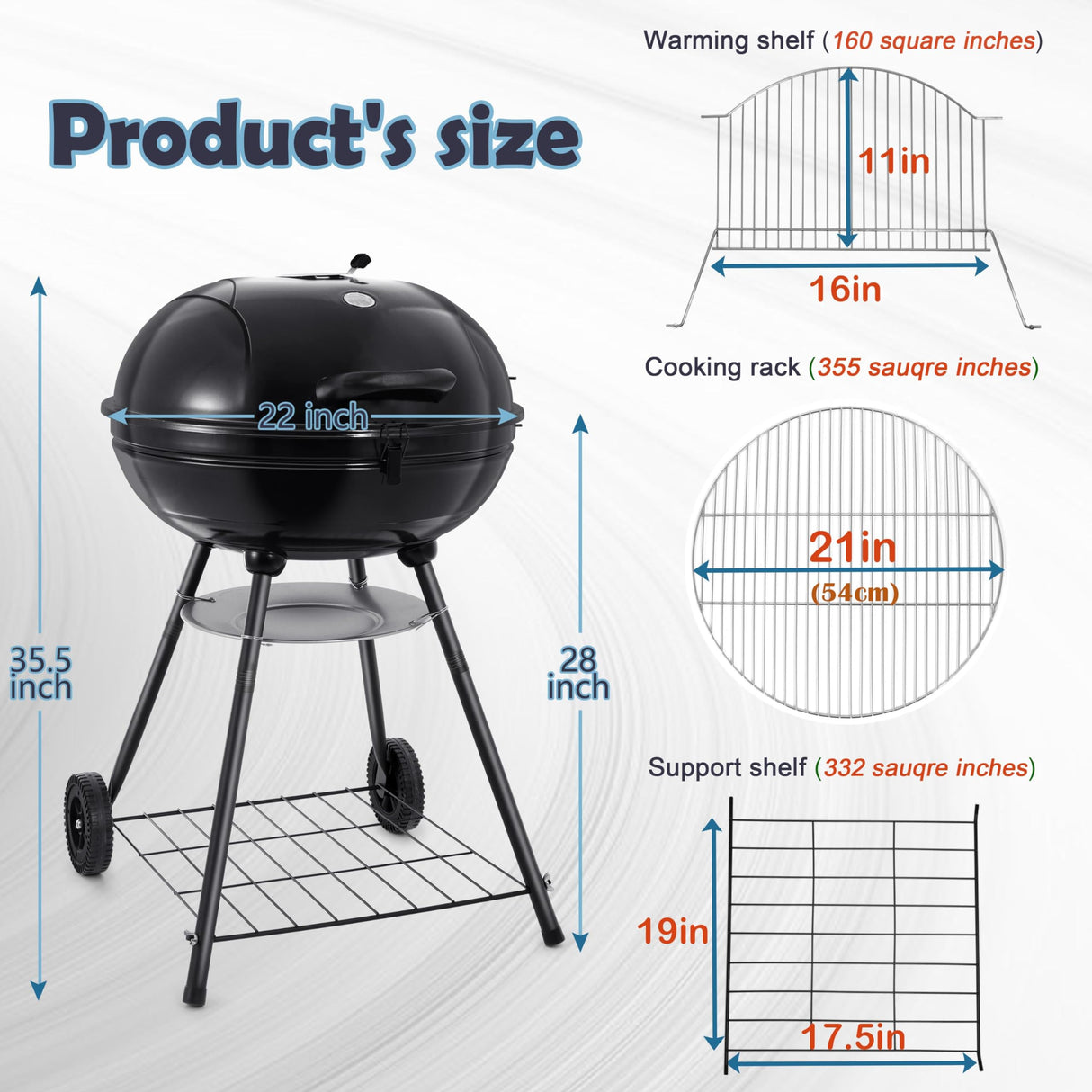 HaSteeL 22 Inch Charcoal Grill, 2 Layer Grilling Racks Heavy Duty Kettle Outdoor BBQ Grill, Large 355 Square Inches for Camping Backyard Picnic Patio Barbecue Cooking, Round Black Enamel Lid & Bowl HaSteeL