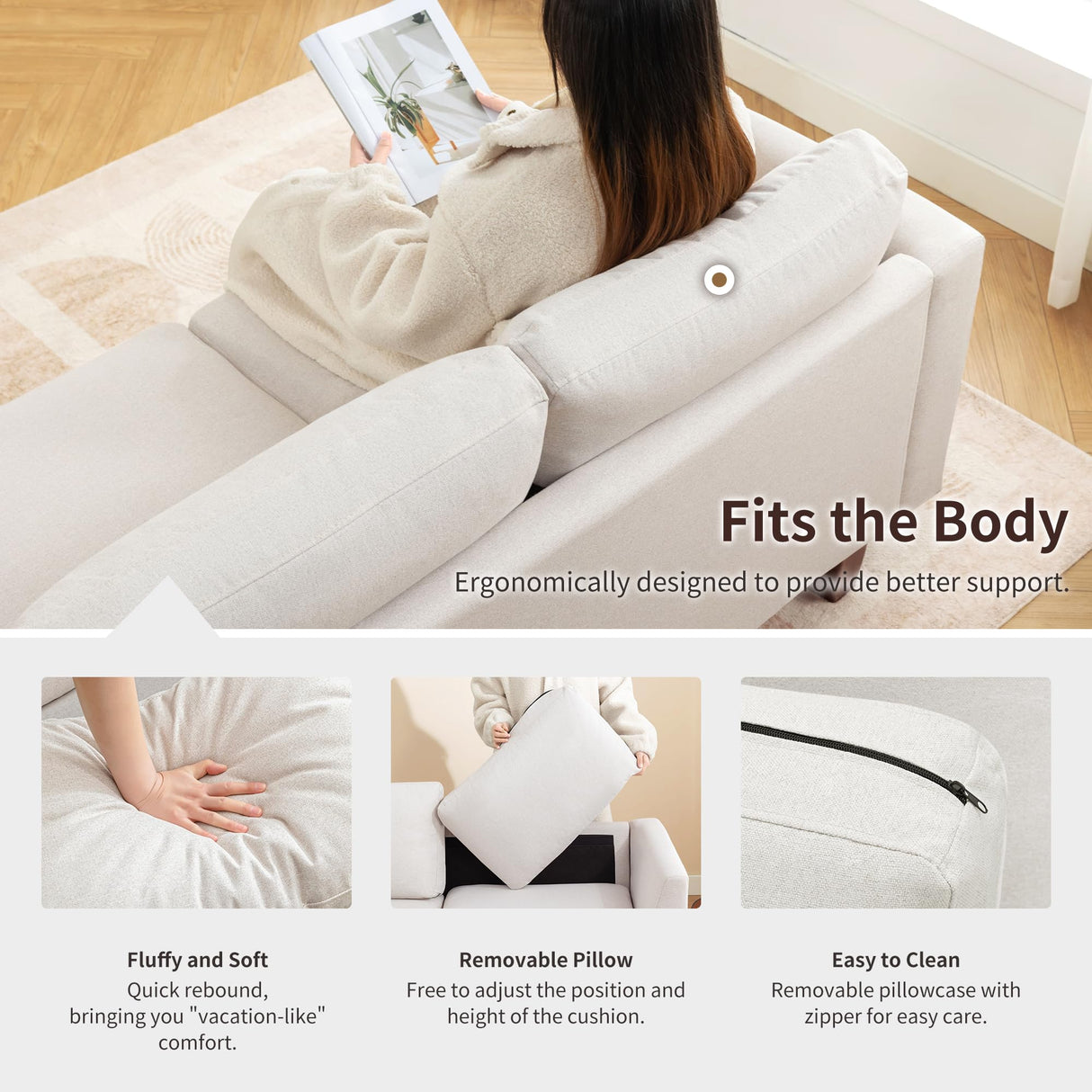 Gericco 89" 3-Seater Sofa, Deep Seat Sofa with Comfy Cushion, Mid Century Modern Couches for Living Room, Upholstered Comfy Sofa Couch for Bedroom, Apartment, Beige Gericco