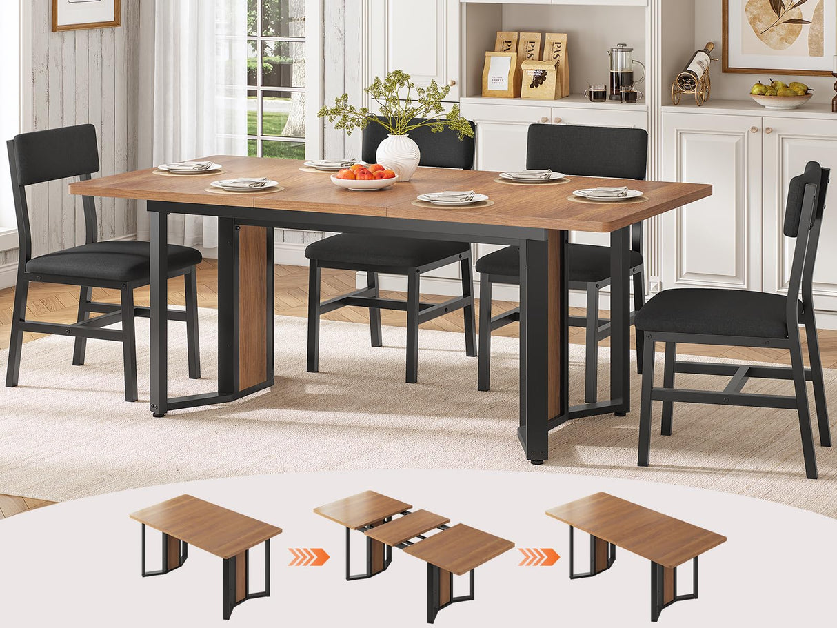 Itaar 5-Piece Dining Table Set for 4-6 People, 63" Extendable Kitchen Table and 4 Cushion Chairs, Dining Room Table with MDF Board & Metal Frame for Small Space, Easy Clean, Brown Itaar