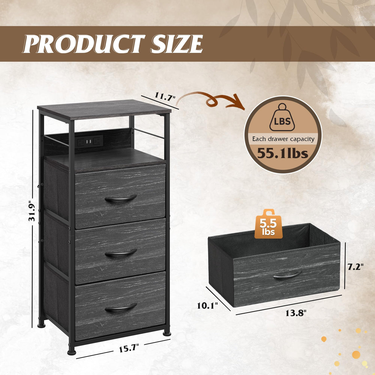 WLIVE LED Nightstand with Charging Station, Night Stand with 3 Fabric Drawers and Storage Shelf, Small Dresser for Small Space, 31.9" H Bedside Table for Bedroom, Charcoal Black Wood Grain Print WLIVE