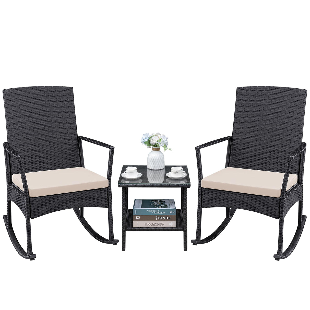 Greesum 3 Pieces Patio Furniture Set Outdoor Wicker Rocking Chairs with Glass Coffee Table for Garden Backyard Porch Poolside, Beige Greesum